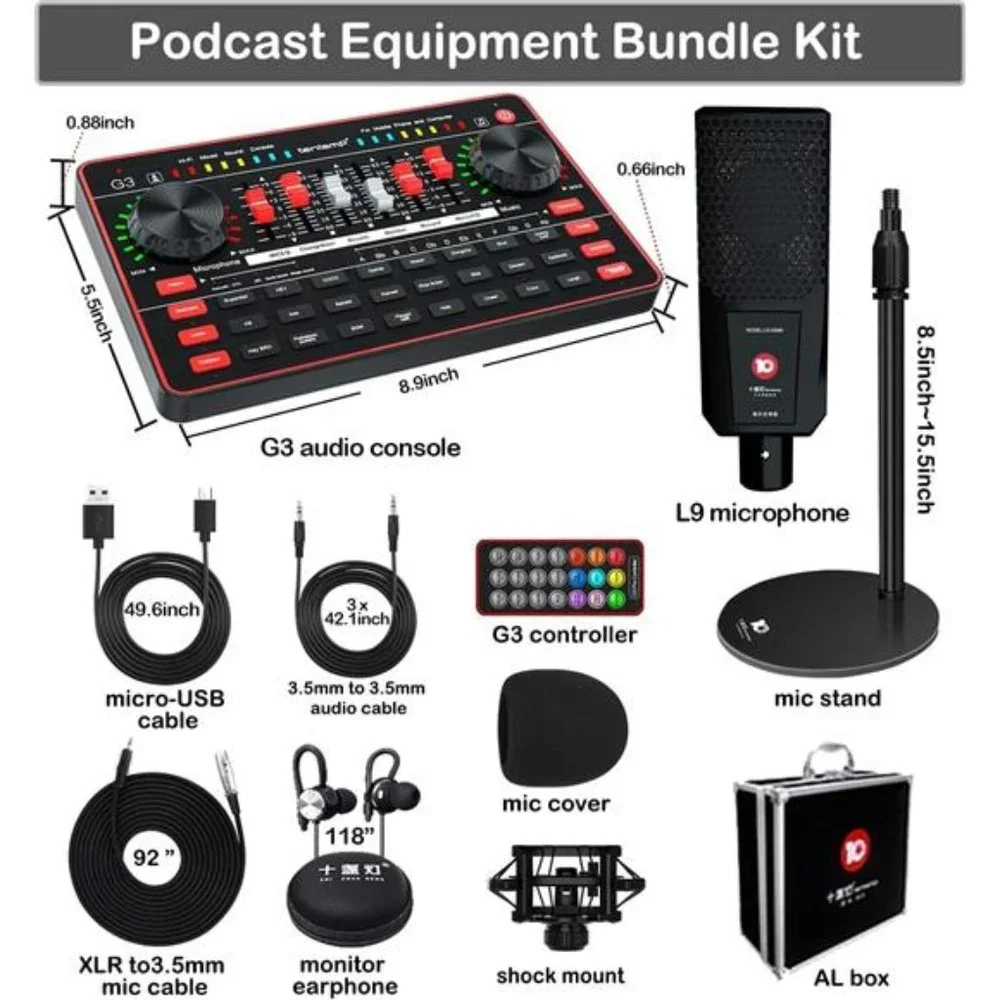 Podcast Microphone Live Sound Card Kit, Studio Condenser Mic with Sound Board